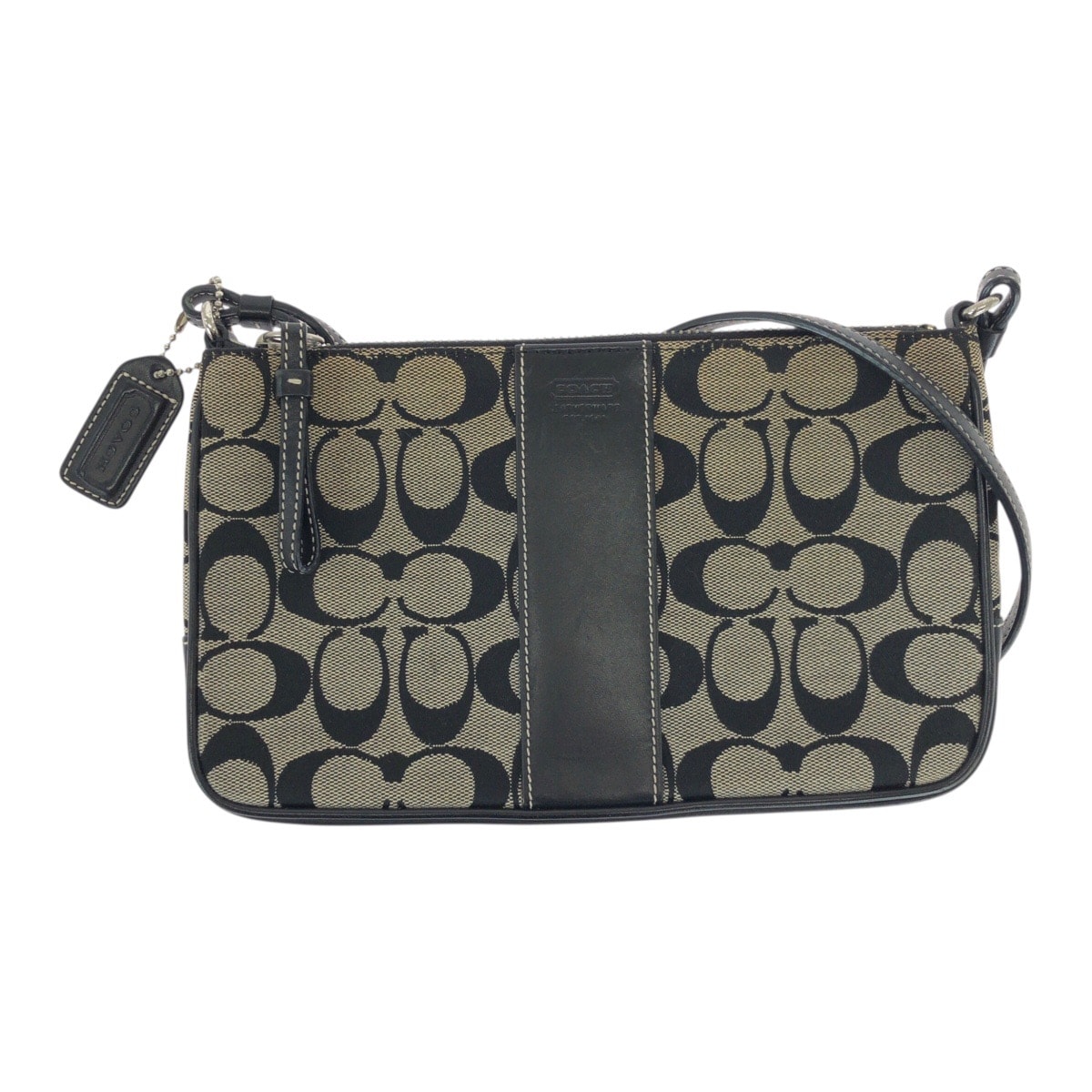 COACH コーチ シグネチャー ブラック グレー シルバー金具 キャンバス レザー/ ショルダーバッグ ポシェット 600264 【中古】