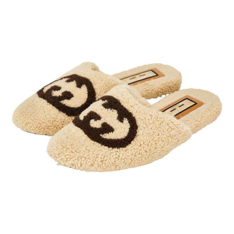 グッチ インターロッキングG サンダル サイズ:9 ベージュ ブラウン ボア レディース GUCCI 【中古】
