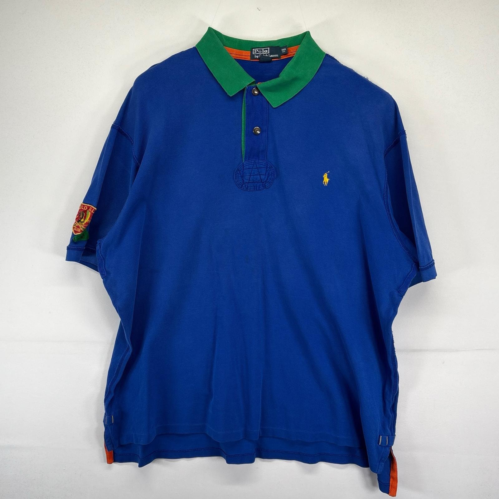 古着 ポロバイラルフローレン Polo by Ralph Lauren 半袖 ポロシャツ 大きいサイズ ワッペン マルチカラー ワンポイントロゴ 鹿子 3XB BIG  ブルー系 メンズ