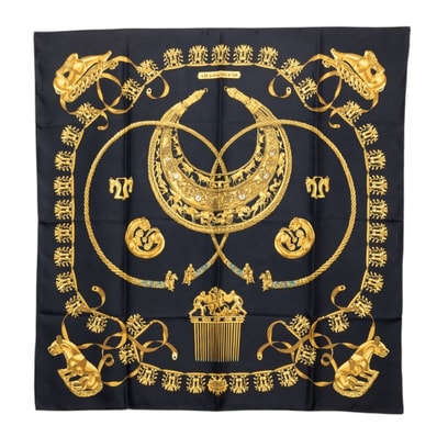 エルメス LES CAVALIERS D'OR 黄金の騎士 スカーフ ブラック ゴールド シルク レディース HERMES 【中古】