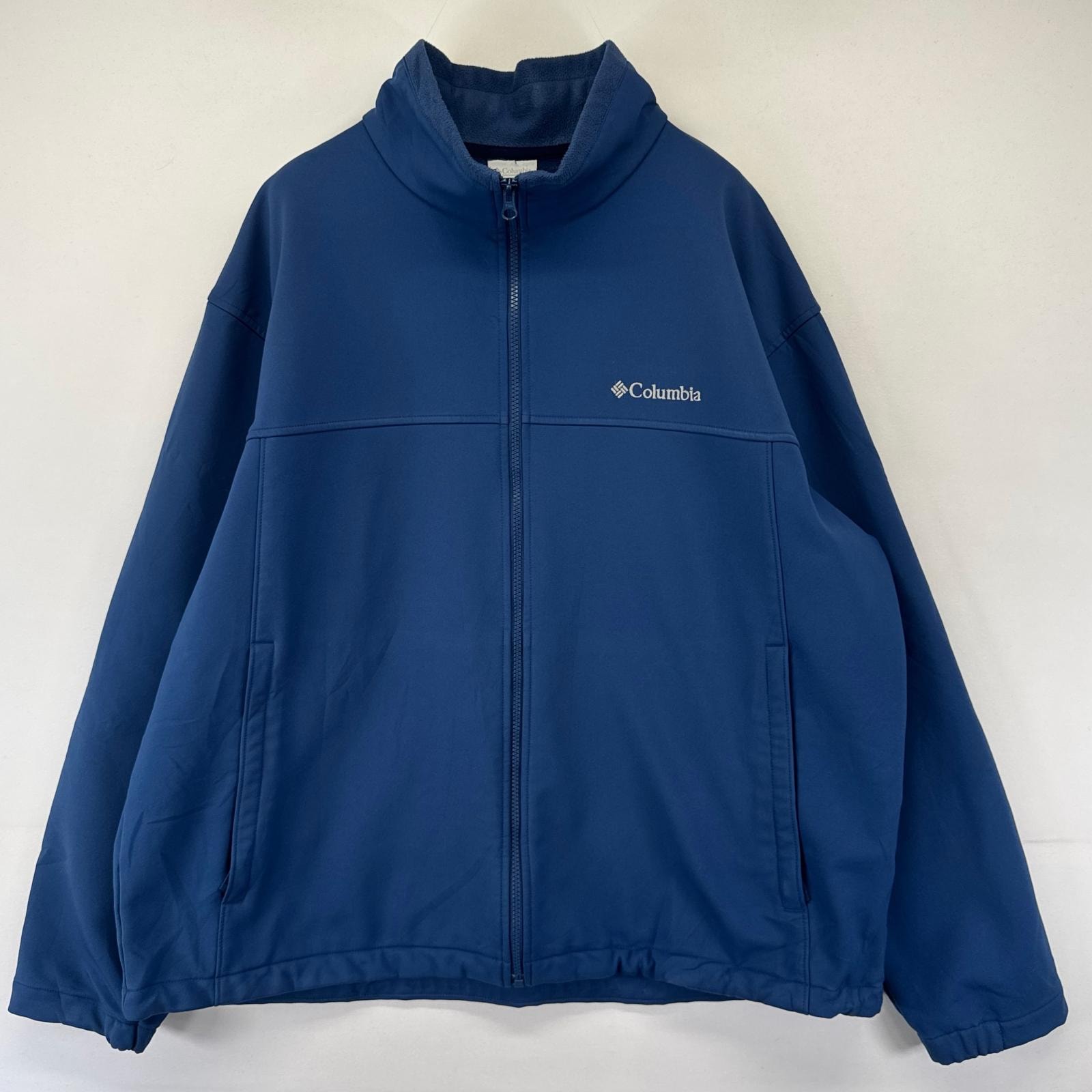 古着 コロンビア Columbia ジャケット ソフトシェル フルジップ ワンポイントロゴ ロゴ刺繍 大きいサイズ 2XL  ネイビー系 メンズ