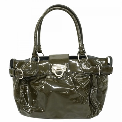 【6dc3728】サルヴァトーレフェラガモ ハンドバッグ ガンチーニ エナメル オリーブ シルバー金具【中古】レディース