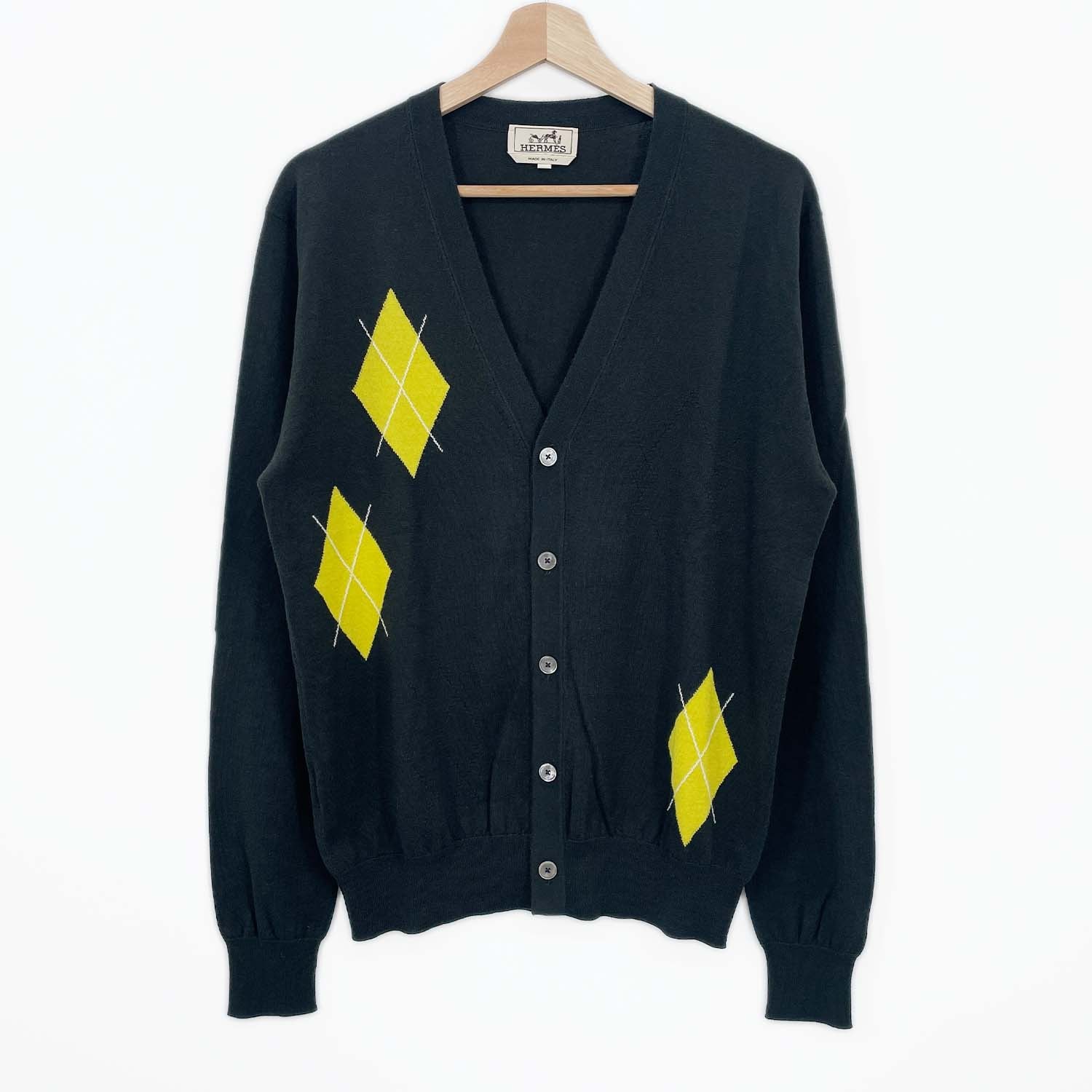 HERMES エルメス アーガイル 薄手 カーディガン
 カシミヤ コットン メンズS グリーン メンズ
 【中古】