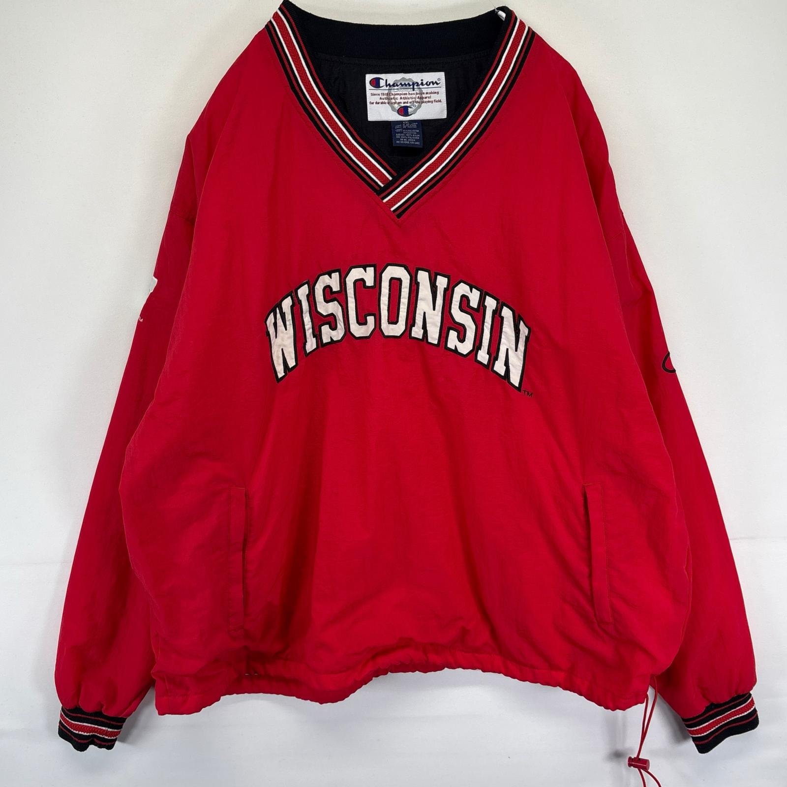 古着 90's/90年代 チャンピオン Champion ナイロンジャケット ナイロンプルオーバー Vネック WISCONSIN 2XL  レッド メンズ