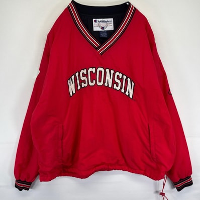 古着 90's/90年代 チャンピオン Champion ナイロンジャケット ナイロンプルオーバー Vネック WISCONSIN 2XL レッド メンズ