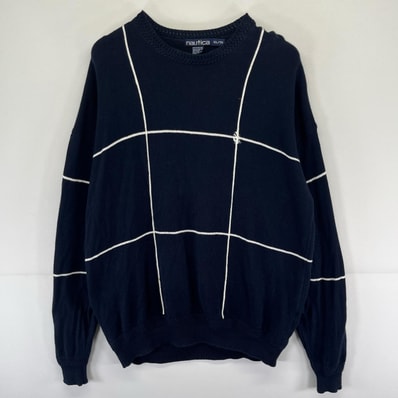 古着 90's/90年代 ノーティカ NAUTICA ニット プルオーバー ワンポイント 大きいサイズ クルーネック XL ネイビー系 メンズ