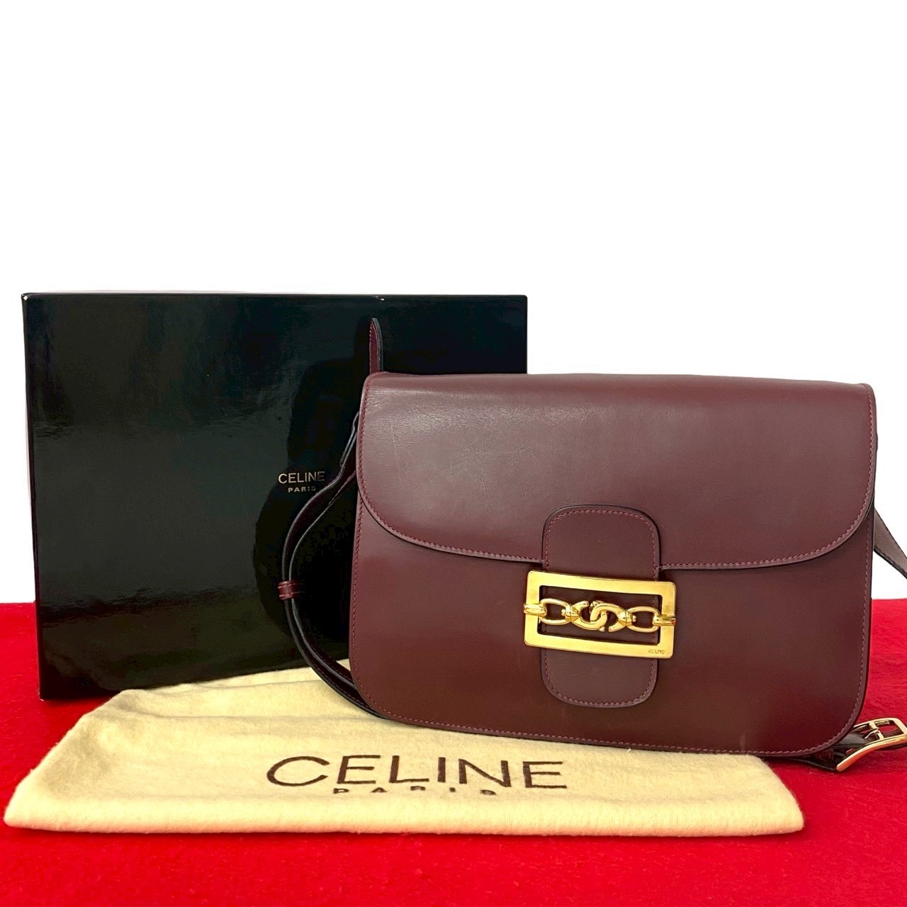 CELINE セリーヌ ロゴ 金具 カーフ レザー ショルダーバッグ ワインレッド
 35930