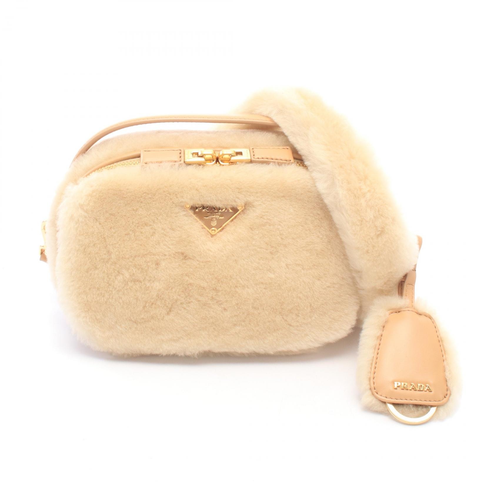 プラダ PRADA オデット シアリング ミニ 2WAY ハンドバッグ バッグ レザー フェイクファー レディース ベージュ系 1BH208 【中古】