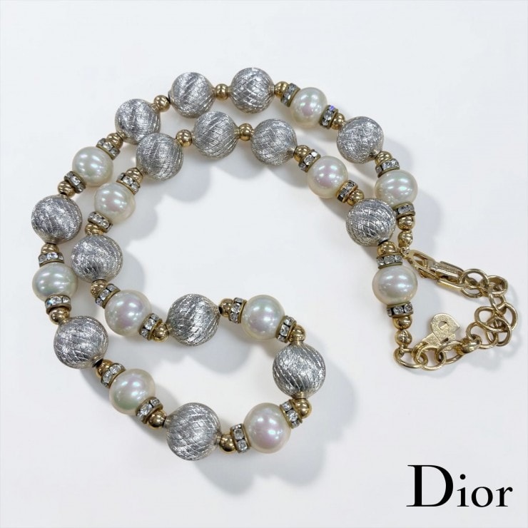 Christian Dior クリスチャン ディオール パール メタルビーズ ラインストーン ネックレス アクセサリー ゴールド金具 ★美品★