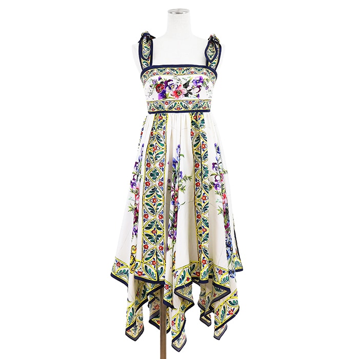 DOLCE&GABBANA ドルチェアンドガッバーナ ワンピース サイズ 36 レディース フローラル プリント ハンカチーフヘム シルク100% バックファスナー ドレス マルチカラー イタリア製