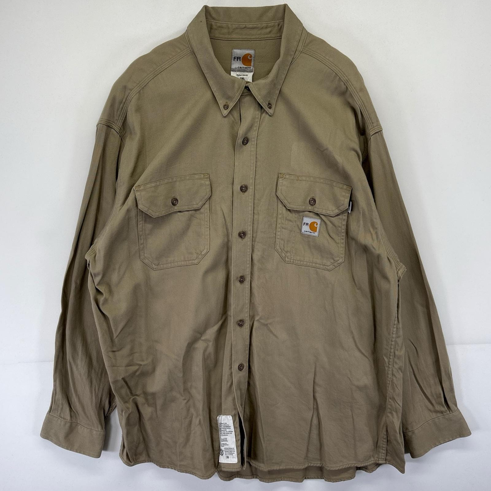古着 カーハート Carhartt 長袖シャツ ワンポイントロゴ 大きいサイズ 肉厚 ワーク 作業着  ベージュ系 メンズ