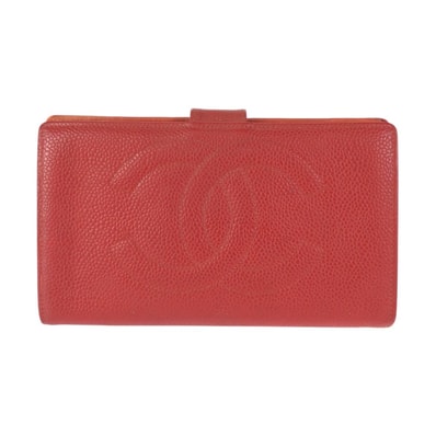 美品 CHANEL シャネル ヴィンテージ ココマーク レッド ゴールド金具 キャビアスキン 長財布 ロングウォレット 602628 【中古】