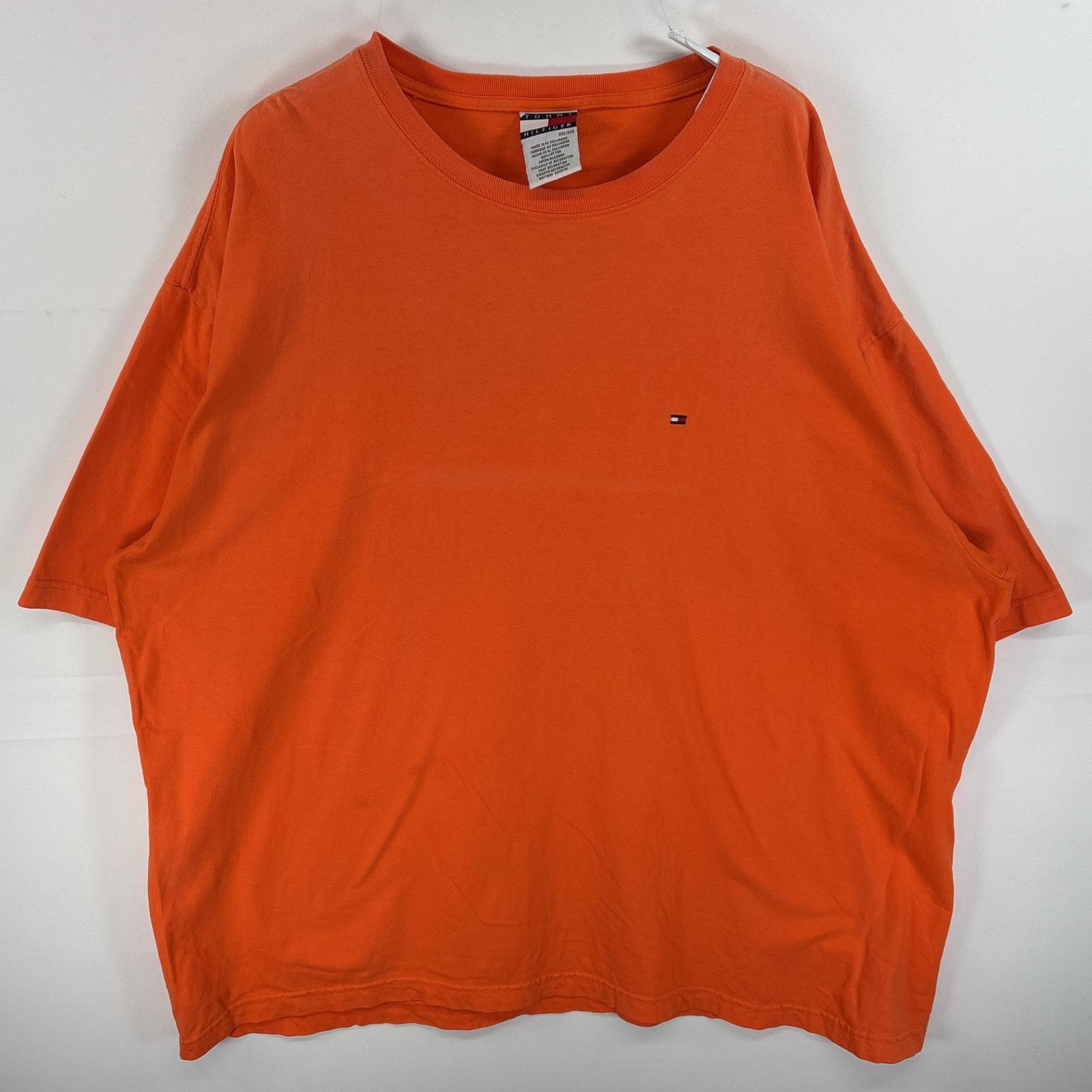 古着 90's/90年代 トミーヒルフィガー TOMMY HILFIGER 半袖Tシャツ 大きいサイズ ワンポイント ロゴ 刺繍 カラーTシャツ 14041 オレンジ 無地 メンズ