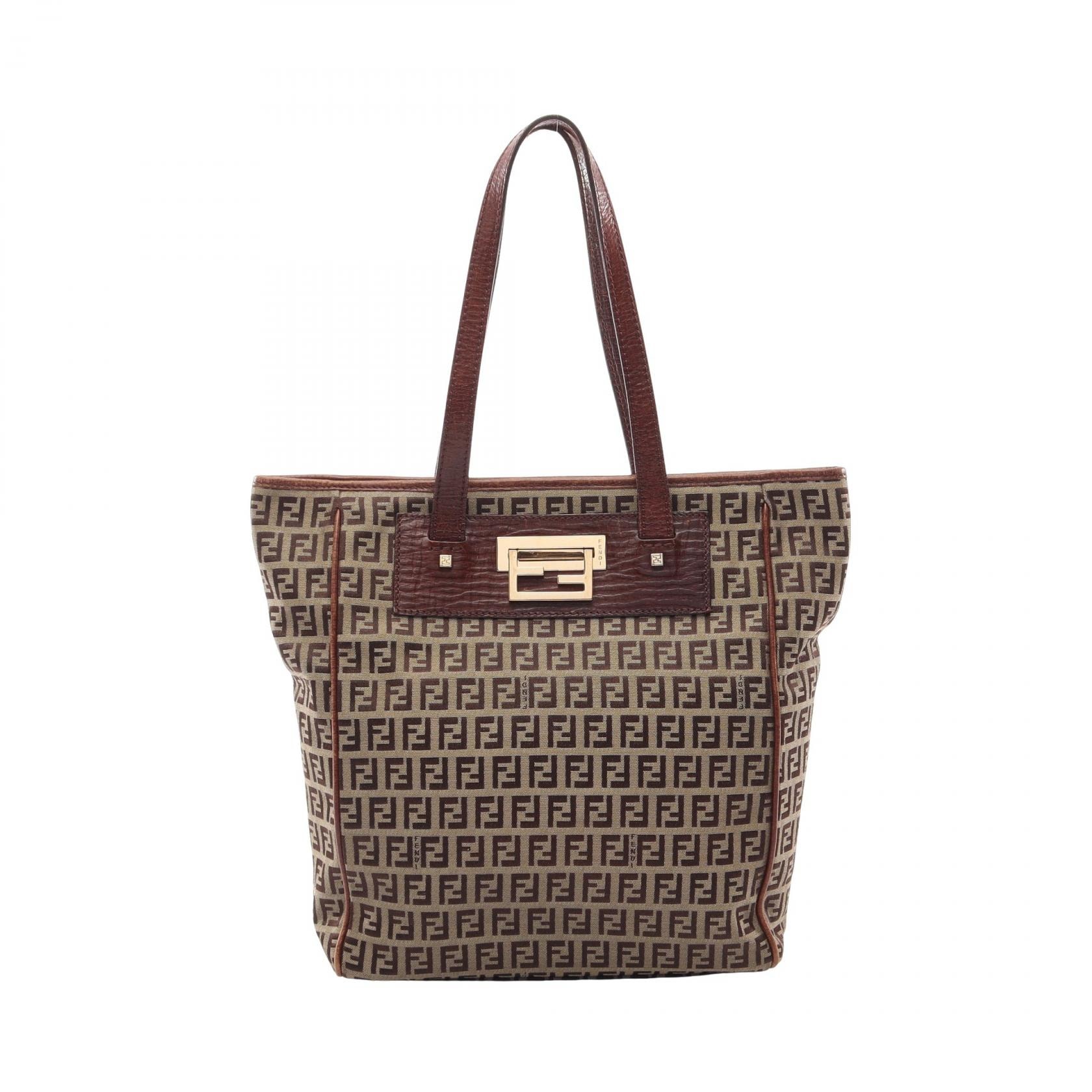 フェンディ FENDI ズッキーノ トートバッグ バッグ キャンバス レザー レディース ブラウン系 8BH174 【中古】