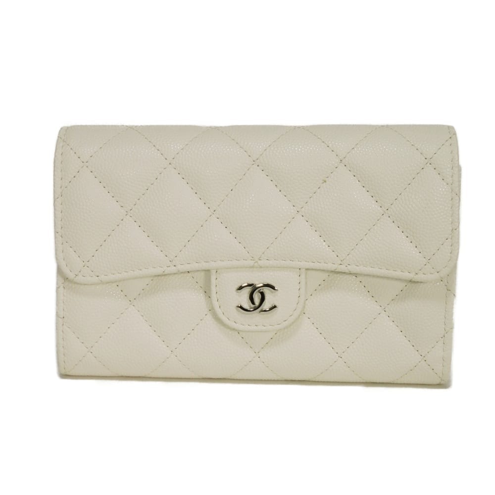 CHANEL シャネル マトラッセ ミディアム フラップ ウォレット キルティング グレイン カーフ スナップボタン 札入れ カードケース コインケース 31番台 キャビアスキン ホワイト 三つ折り財布 AP0232