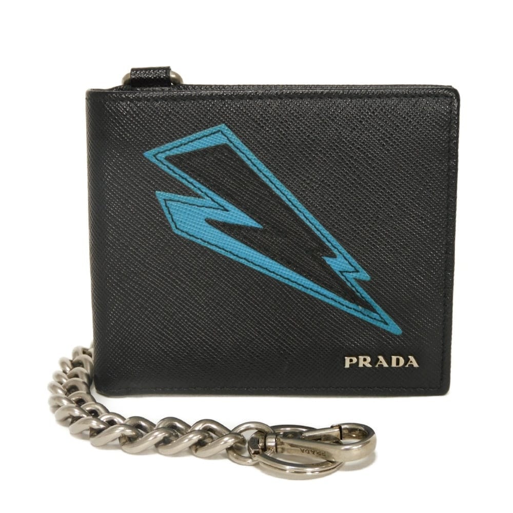 PRADA プラダ サフィアーノ コンパクト チェーン ウォレット 稲妻 イナズマ ブルー キーリング 札入れ カードケース コインケース ロゴメタル ブラック 二つ折り財布 2MO513