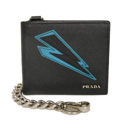 PRADA プラダ サフィアーノ コンパクト チェーン ウォレット 稲妻 イナズマ ブルー キーリング 札入れ カードケース コインケース ロゴメタル ブラック 二つ折り財布 2MO513