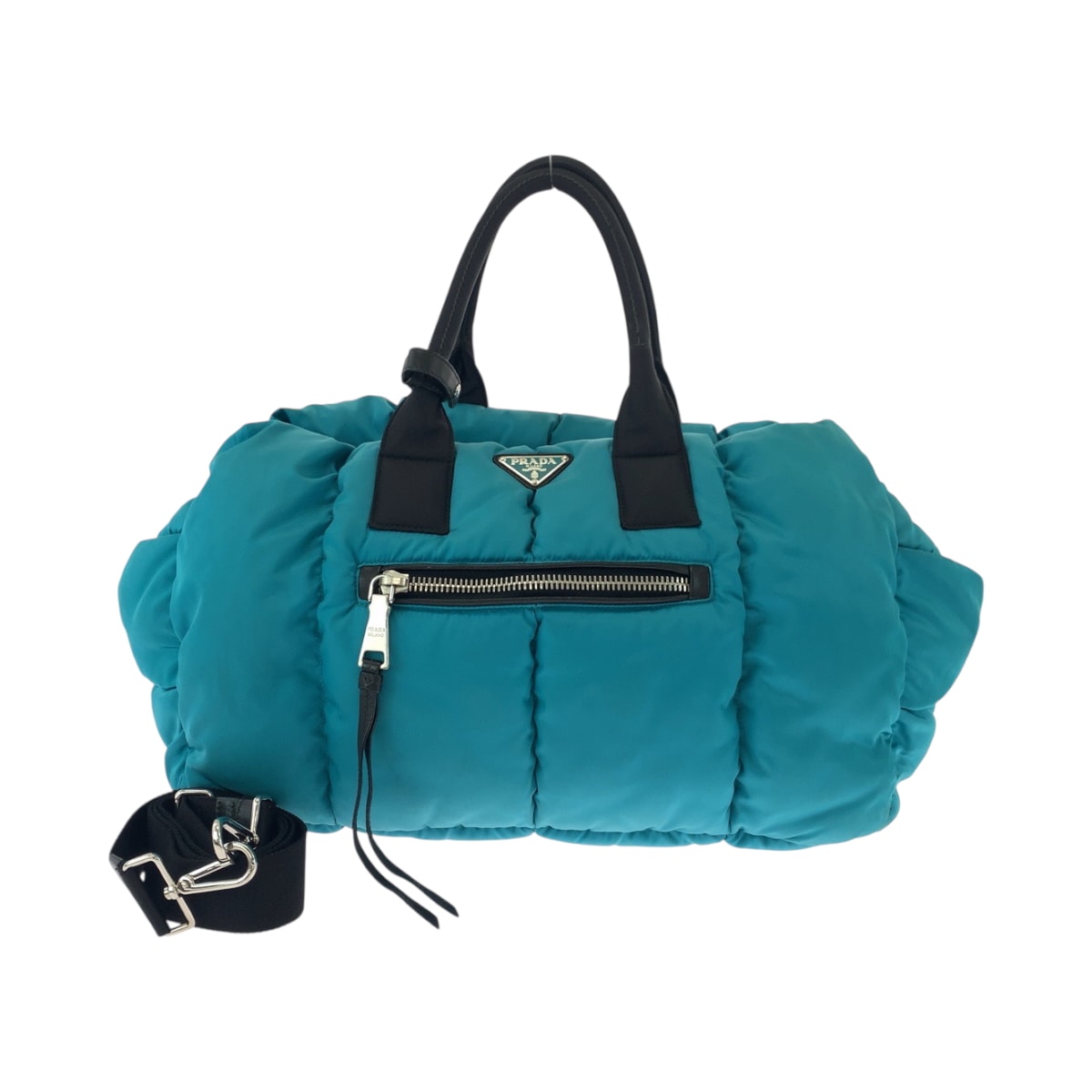 美品 PRADA プラダ テスート ボンバー 三角ロゴプレート ターコイズ ブラック シルバー金具 ナイロン ショルダーバッグ トートバッグ 2way 603097 【中古】