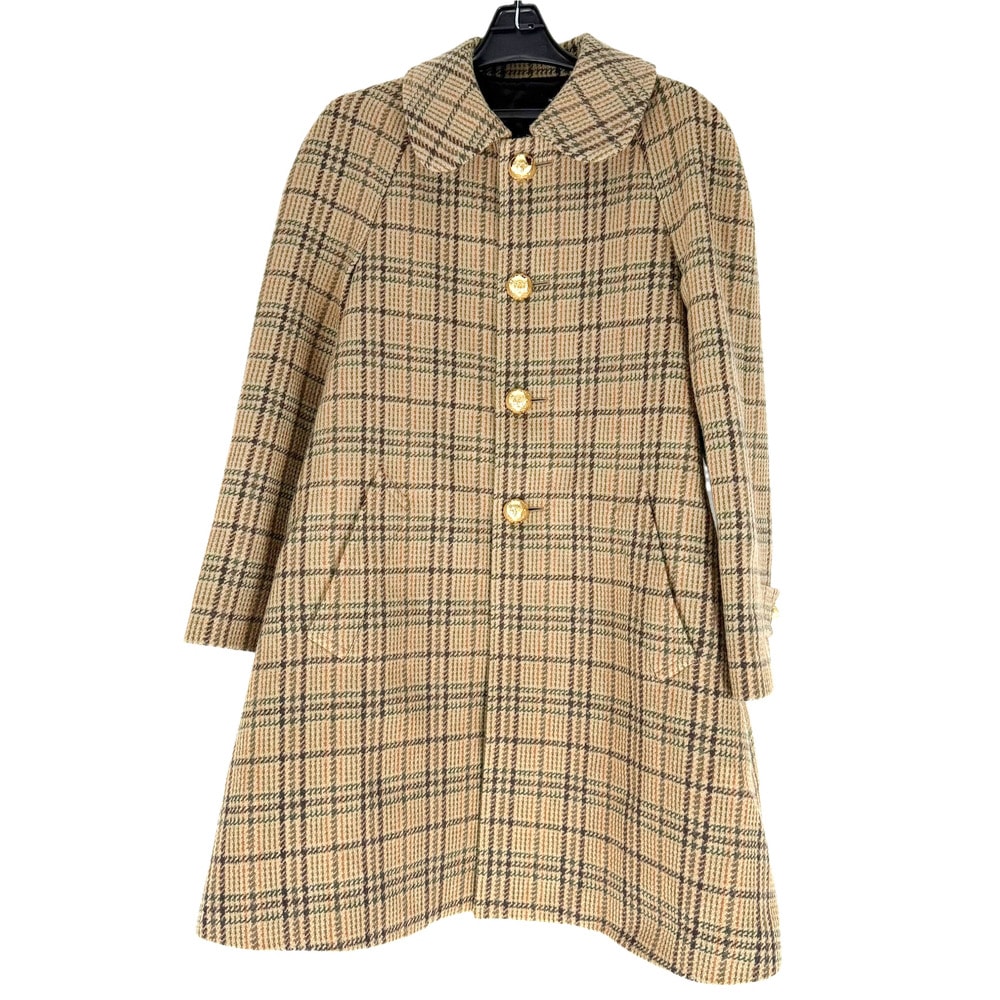 CELINE セリーヌ コート チェック ロングコート アウター 服 アパレル 34 ブラウン 茶 ゴールド金具 ウール ナイロン レディース 秋 冬 美品【中古品】