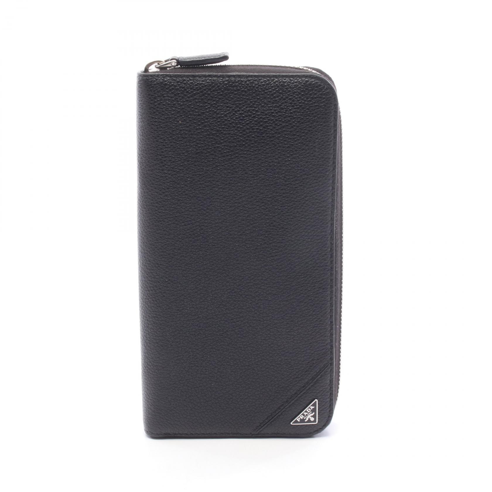 プラダ PRADA トライアングルロゴ ラウンド長財布 財布 レザー レディース ブラック系 【中古】