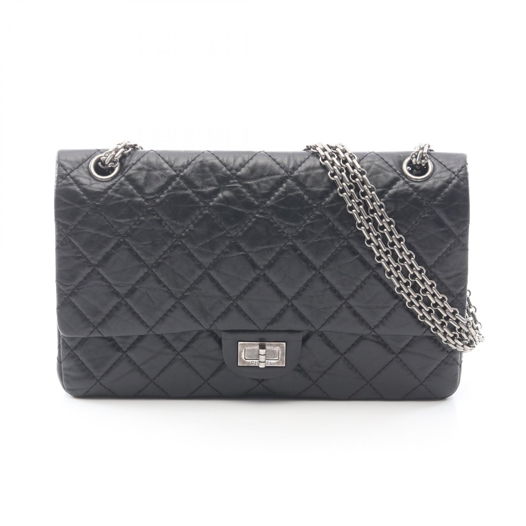 シャネル CHANEL 2.55 マトラッセ Wフラップ ショルダーバッグ バッグ レザー レディース ブラック系 【中古】