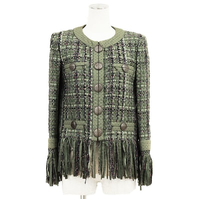 【極美品】CHANEL シャネル ツイード ジャケット サイズ 36 レディース P55546 2017年製 フリンジ ジップアップ ロゴ アウター オリーブ フランス製 カール・ラガーフェルド期