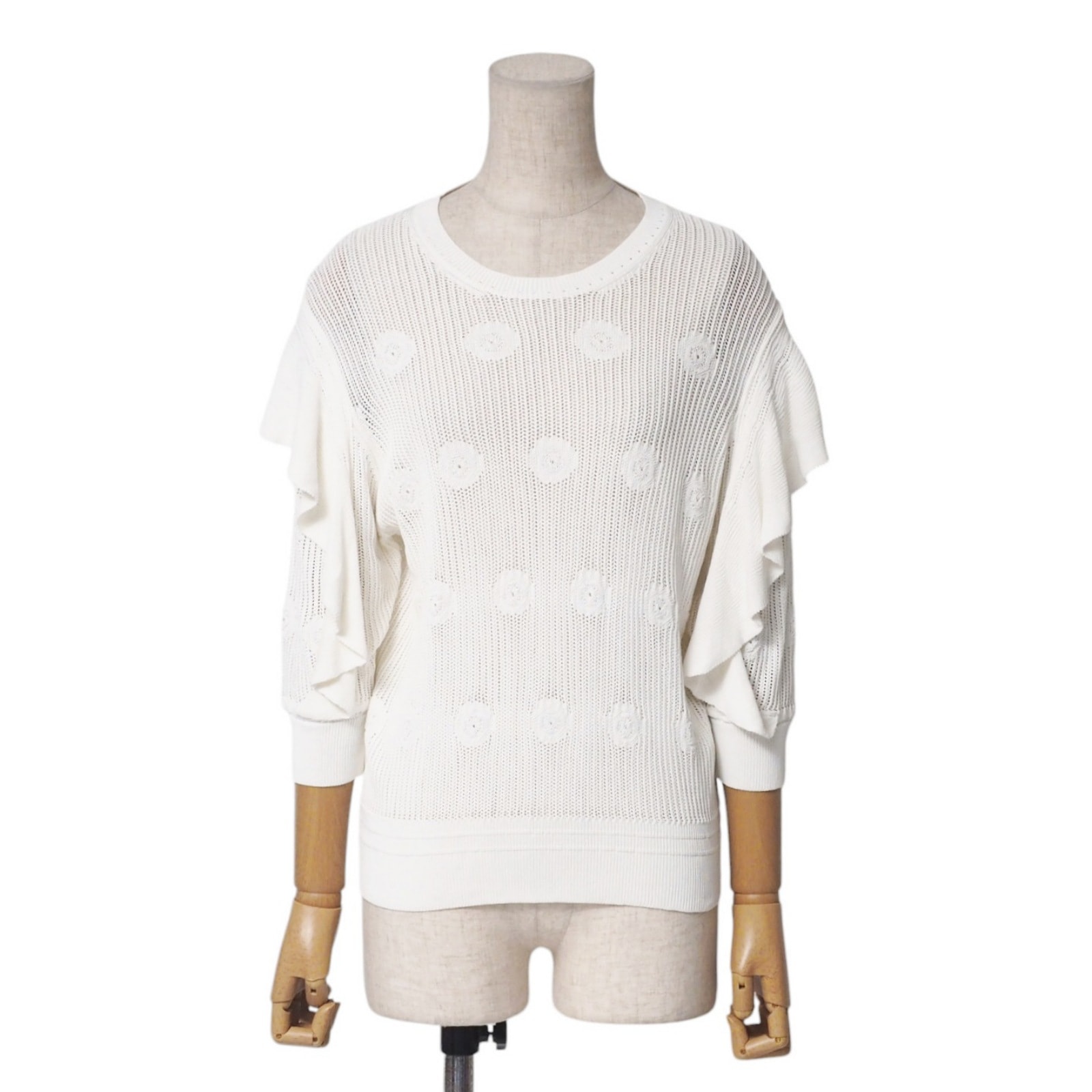 ■美品■Chloe クロエ ニット サイズXS シアーニット トップス 七分袖 フリル アイボリー イタリア製 ブランド古着【中古】20250415/RA4178