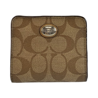COACH コーチ シグネチャー 花柄 ブラウン ベージュ シルバー金具 PVC 折り財布 コンパクトウォレット 601883 【中古】