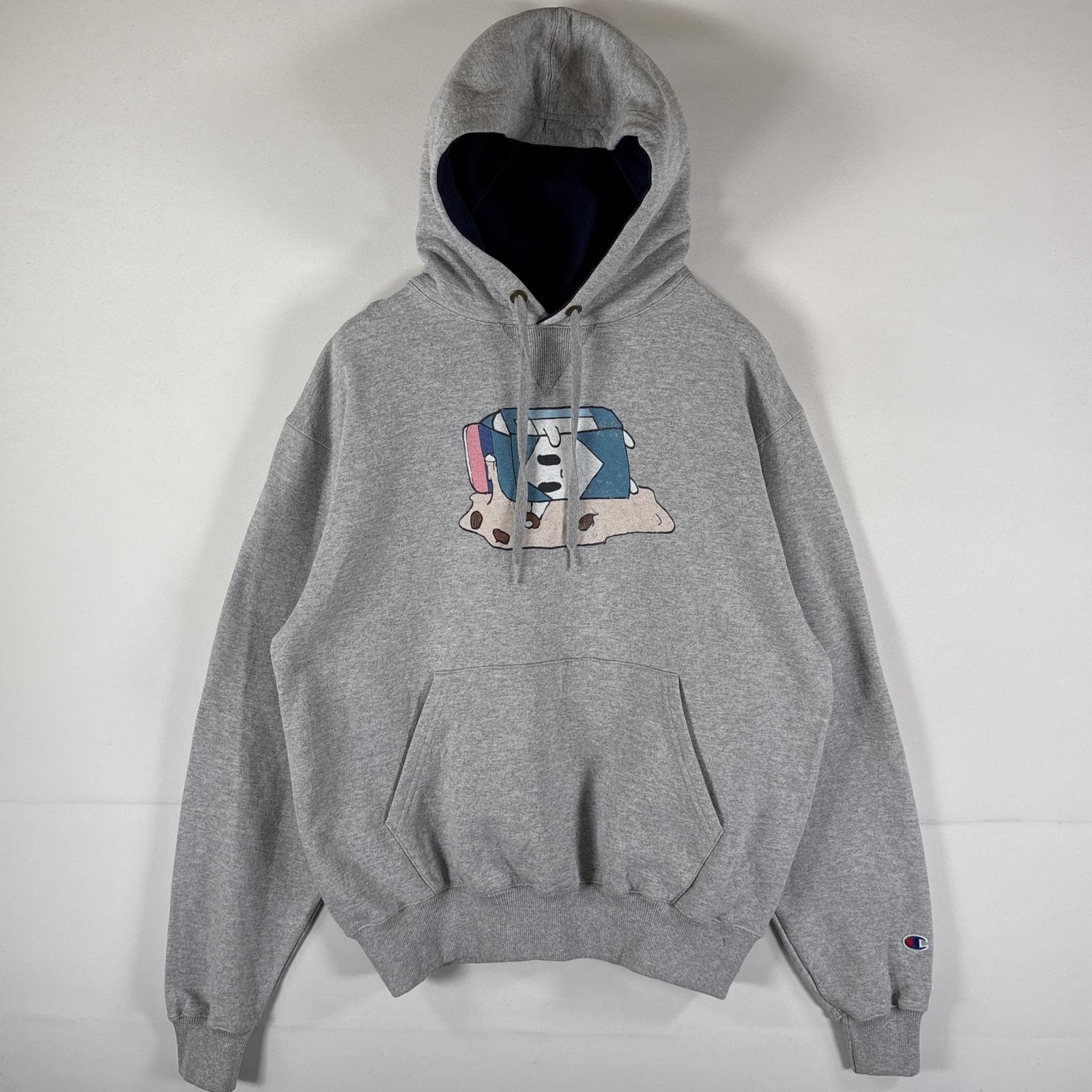 古着 チャンピオン Champion パーカー スウェット フーディ 前V プルオーバー  デザインプリント M  グレー メンズ