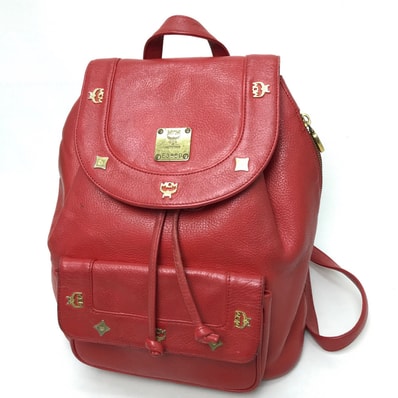 エムシーエム MCM ロゴプレート タウンユース タウンリュック リュックサック バックパック リュックサック レザー レッド