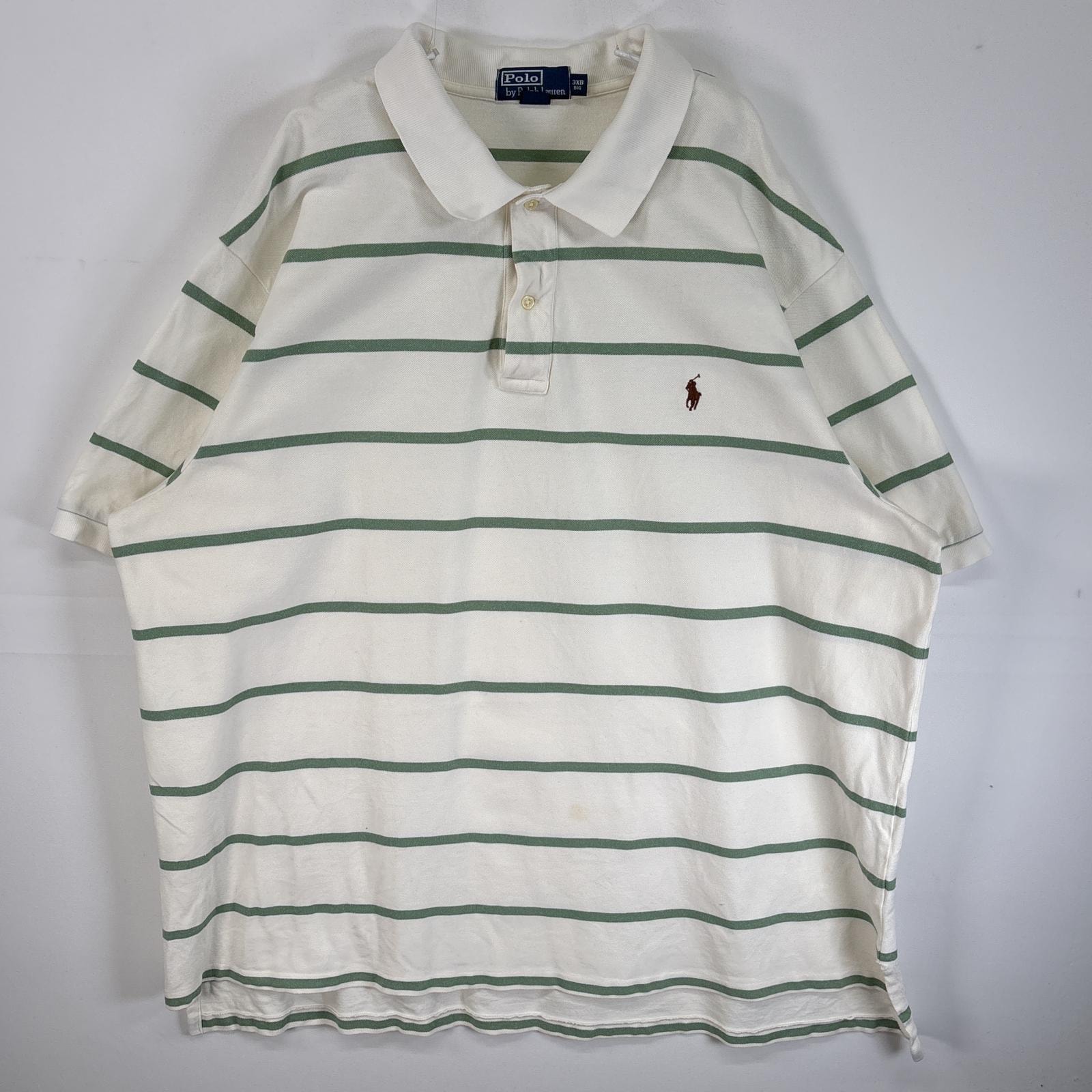 古着 90's/90年代 ポロバイラルフローレン Polo by Ralph Lauren 鹿の子 半袖 ポロシャツ ロゴ 刺繍 大きいサイズ 2ボタン 3XB BIG  グリーン系 ボーダー メンズ