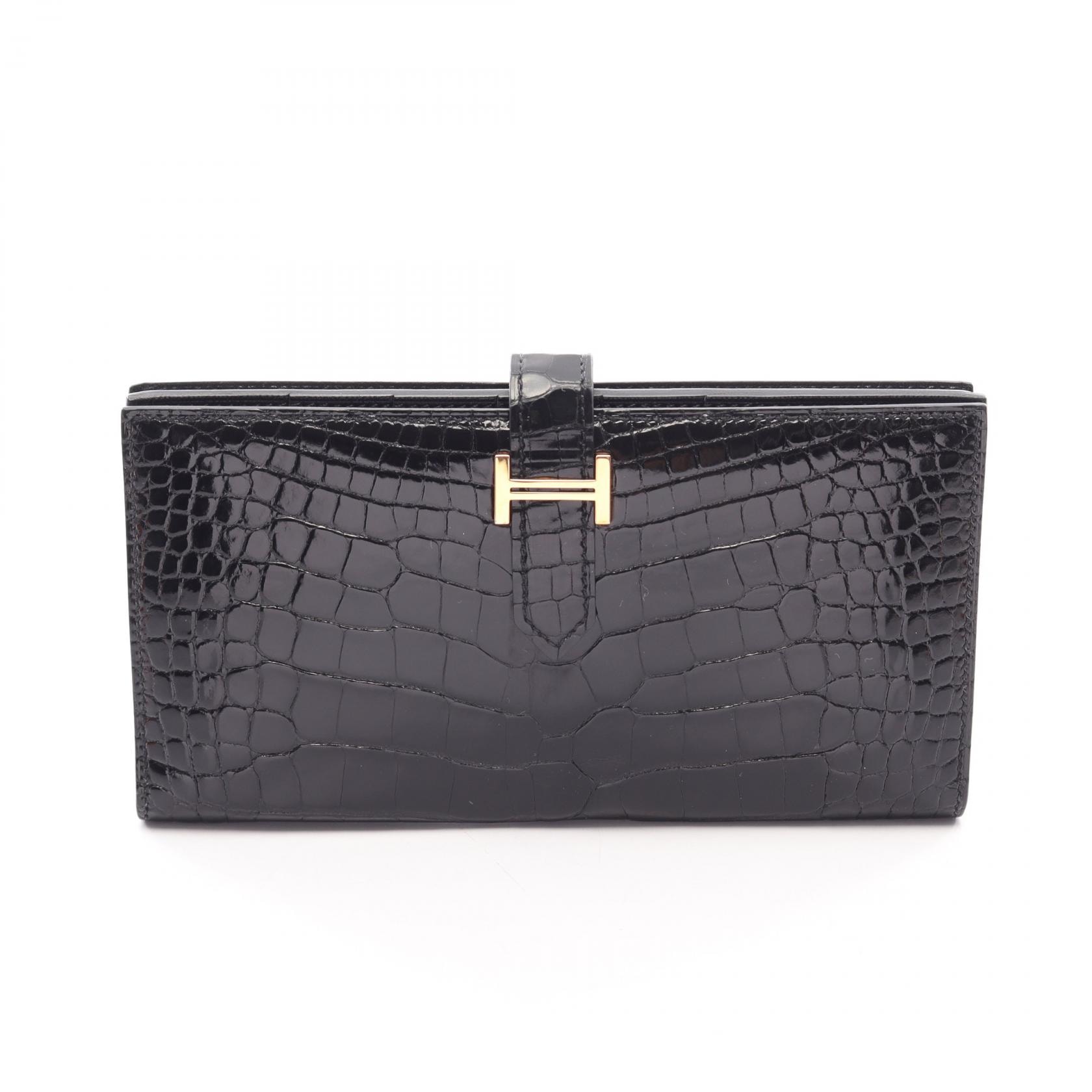 エルメス HERMES ベアンスフレ 二つ折り長財布 財布 アリゲーターリセ D刻印(2019年製造) レディース ブラック系 【中古】