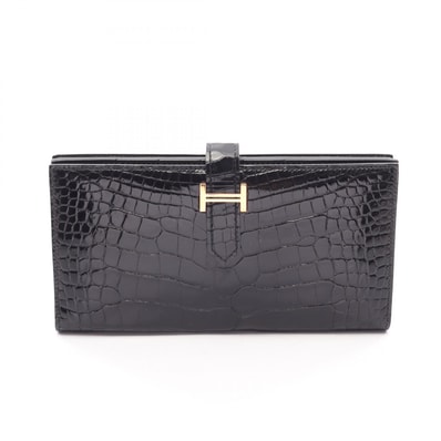 エルメス HERMES ベアンスフレ 二つ折り長財布 財布 アリゲーターリセ D刻印(2019年製造) レディース ブラック系 【中古】
