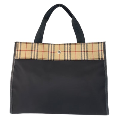 美品 BURBERRY バーバリー チェック柄 ブラック ベージュ シルバー金具 ナイロン トートバッグ ハンドバッグ 601031 【中古】