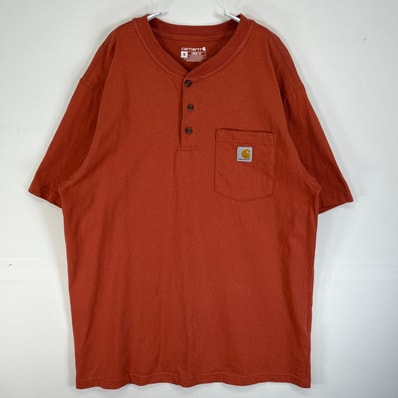古着 カーハート Carhartt 半袖Tシャツ ヘンリーネック 肉厚 胸ポケ ワンポイント ロゴ M オレンジ系 無地 メンズ