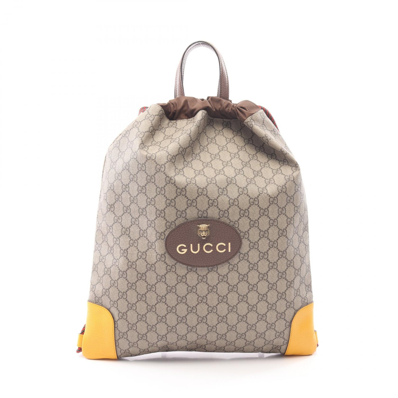 グッチ GUCCI GGスプリーム ドローストリングバックパック リュックサック バックパック バッグ PVCコーティングキャンバス レザー メンズ レディース ベージュ系 / マルチカラー 473872 【中古】