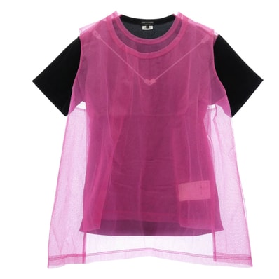 COMME des GARCONS HOMME PLUS コムデギャルソンオムプリュス カットソー 25SS PO-T028 ベロア メッシュ 切替 チュール レイヤード 半袖 Tシャツ ピンク系 ブラック系 L【中古】
