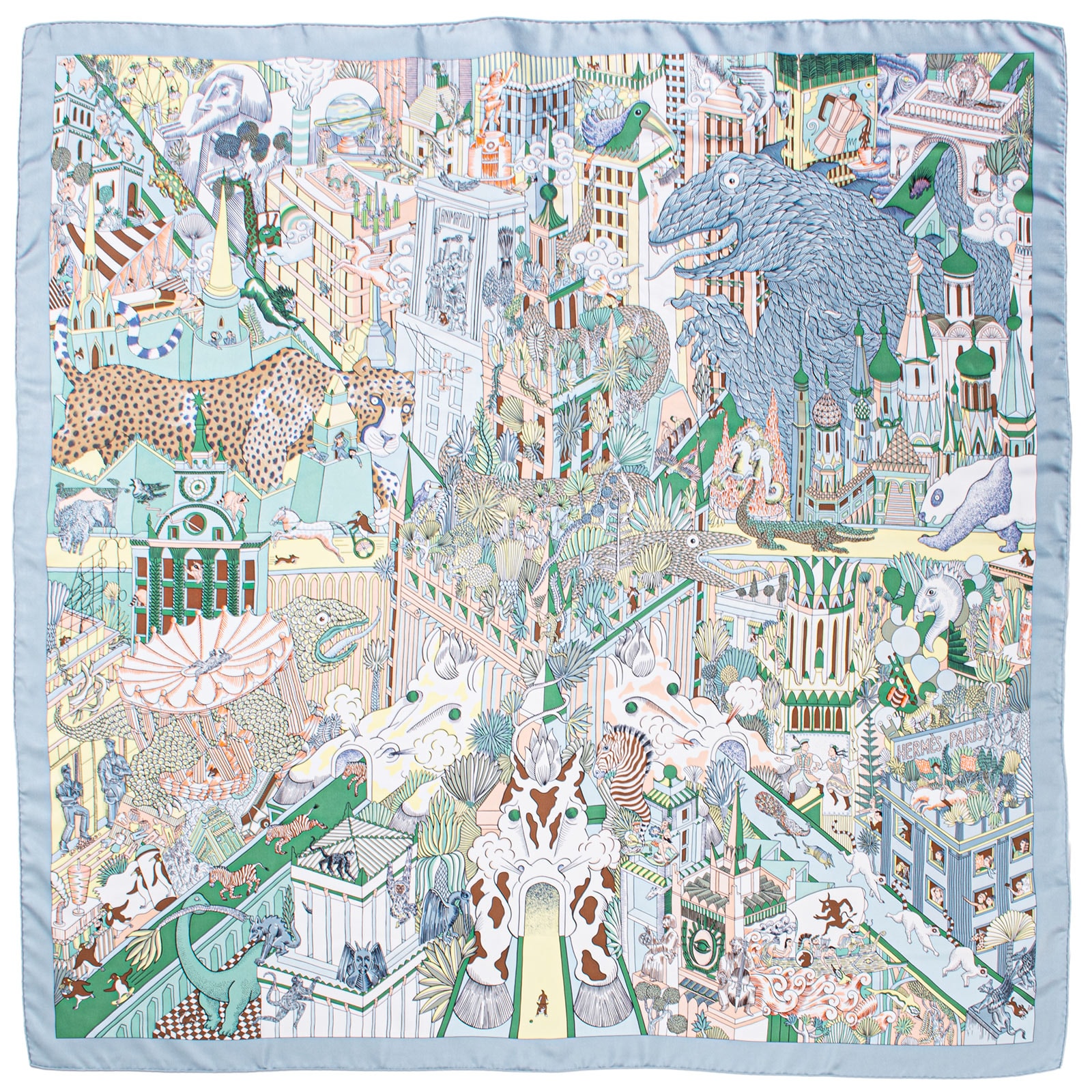 【未使用】HERMES エルメス スカーフ カレ140 Animapolis アニマポリス 673275S 02 ストール ショール シルク ブルー グリーン【中古】