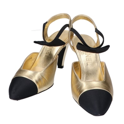 シャネル G36360 ゴールド×ブラック リボンココマーク パンプス 35 1/2