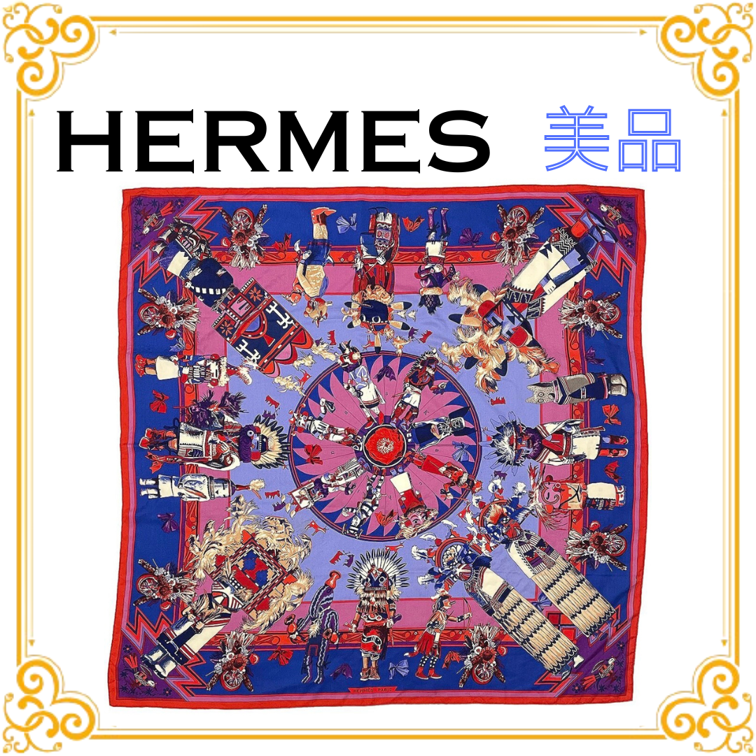 ■美品■ HERMES エルメス カチナ Kachina カレ140 ストール スカーフ カシミヤ シルク レッド レディース ショール カシシル カレジェアン