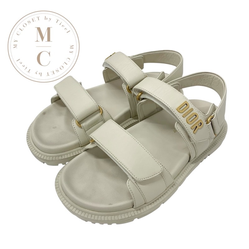 クリスチャンディオール CHRISTIAN DIOR DIORACT サンダル 靴 シューズ ラムスキン アイボリー ゴールド ロゴ ベルクロストラップ