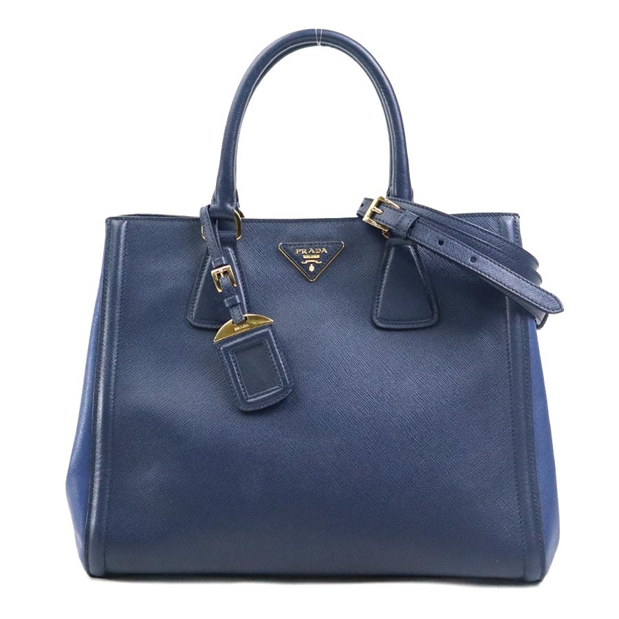 プラダ PRADA ハンドバッグ ショルダーバッグ レザー ネイビー/ダークブルー ゴールド レディース【中古】 e61151a