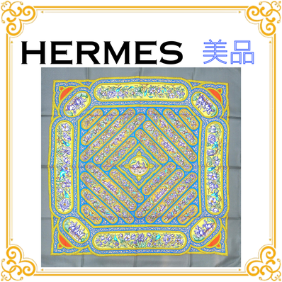 ■美品■ HERMES エルメス カレ90 QALAMDAN カラムダン 騎馬兵 スカーフ グレー シルク ストール ショール 大判 レディース 総柄