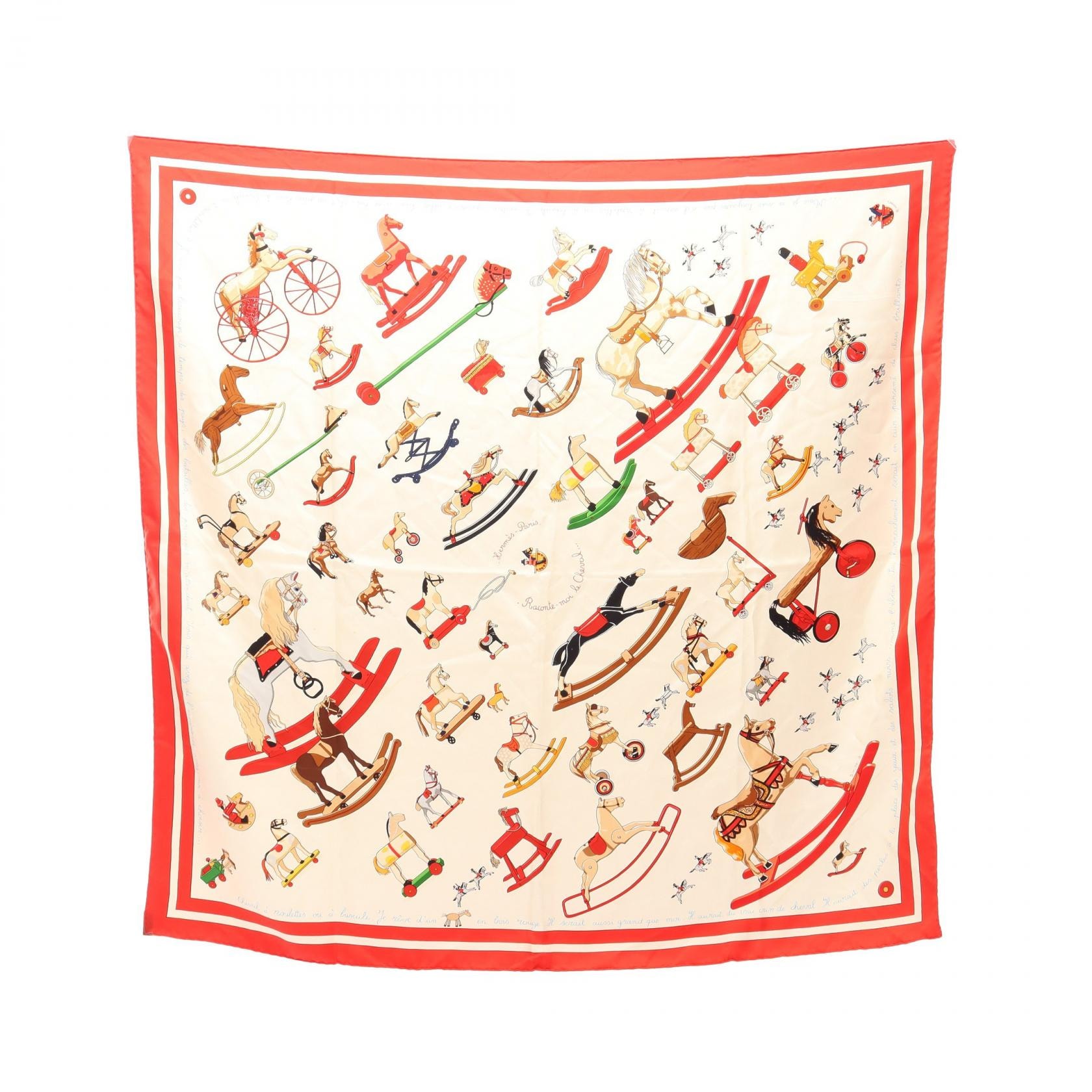 エルメス HERMES カレ90 Raconte moi Le Cheval スカーフ 衣料品 シルク シルク レディース ホワイト系 / レッド系 【中古】