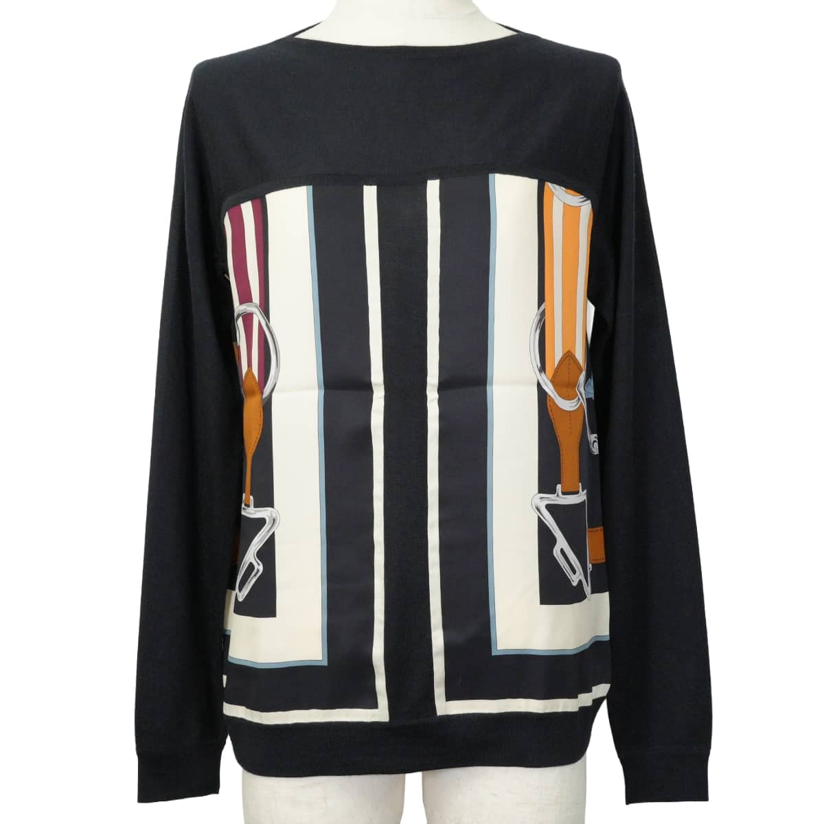 HERMES エルメス ニット レディース ツイルレーヌ 長袖 タッタソール ソルド品 ネイビー/マルチカラー カシミヤ/シルク #34 新品未使用