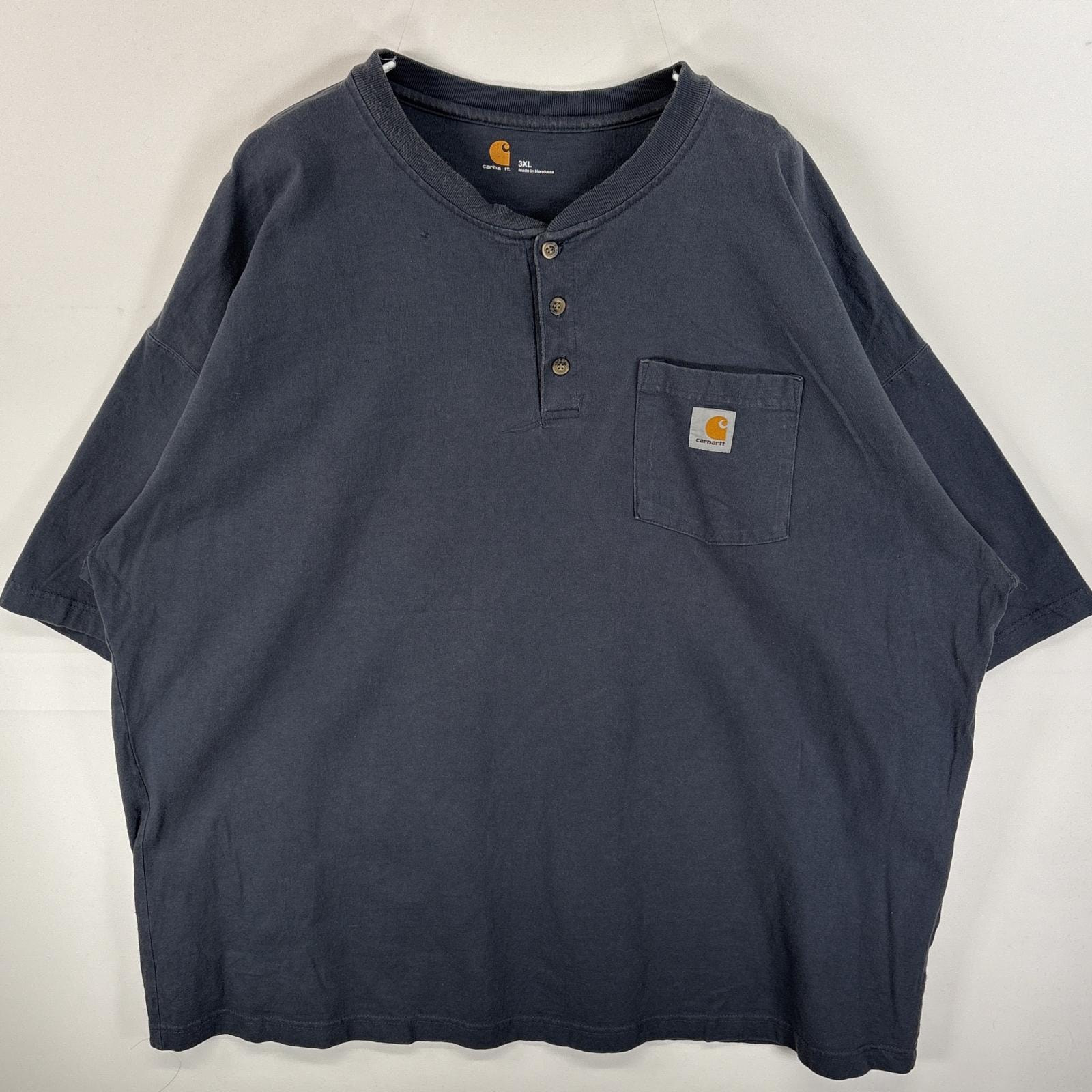 古着 カーハート Carhartt 半袖Tシャツ 肉厚 ヘンリーネック ワンポイント ロゴ 3XL  グレー系 無地 メンズ
