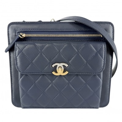 CHANEL シャネル ショルダーバッグ マトラッセ ココマーク 肩掛け 斜め掛け ラムスキン ネイビー 紺 ゴールド×シルバー金具 レディース【中古品】
