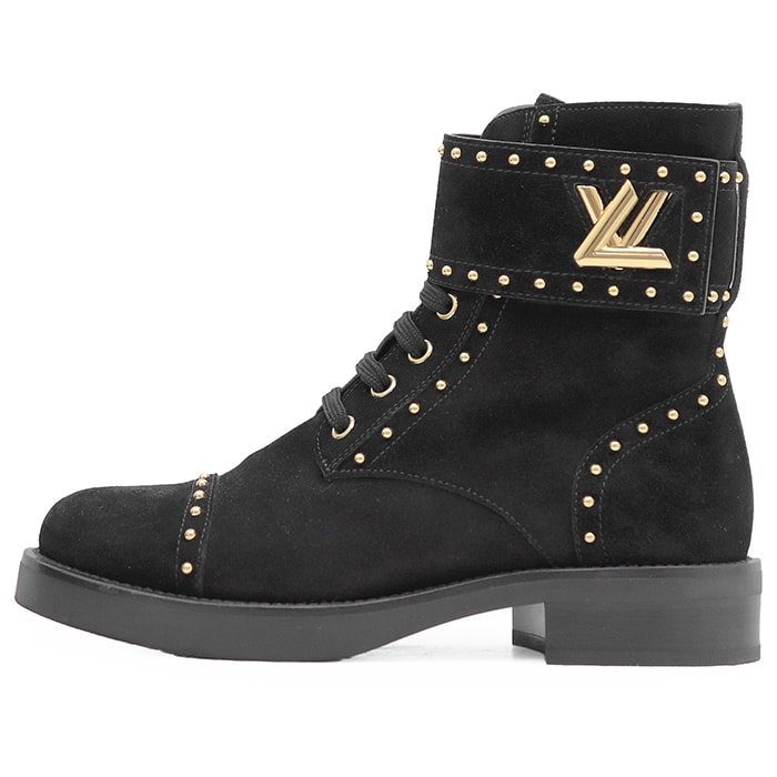 【美品】LOUIS VUITTON ルイ・ヴィトン コンバットブーツ サイズ 36 レディース ワンダーランドライン 2018年モデル スウェード LV バックル ゴールドスタッズ レースアップ シューズ 革靴 袋/替え紐付属 ブラック 黒 イタリア製