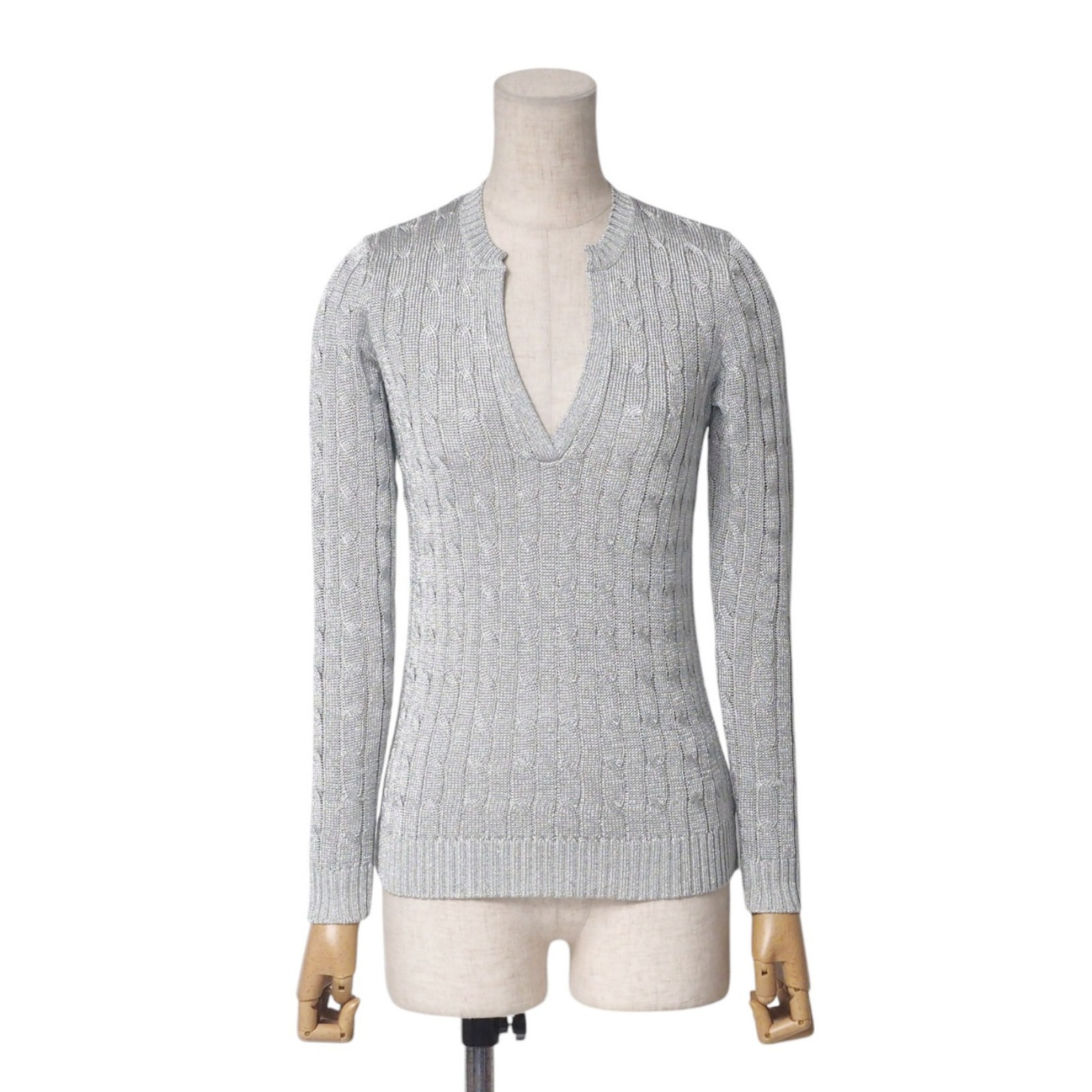 RALPH LAUREN ラルフローレン ニット サイズXS ケーブルニット セーター トップス 薄手 キーネック グレー【おすすめ】 ブランド古着【中古】20250411/RA4202