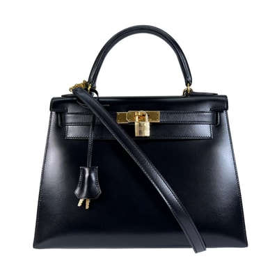 美品 HERMES エルメス ケリー28 ハンドバッグ ボックスカーフ ブラック レディース 2WAY ショルダーバッグ【中古】